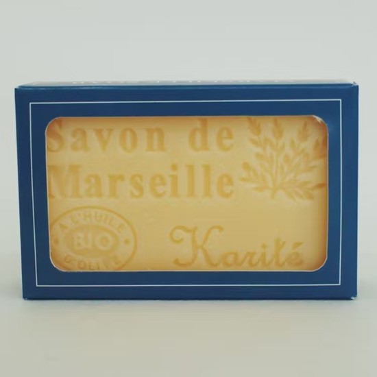 Savon de Marseille à l'huile d'olive bio parfum karité dans son étui carton