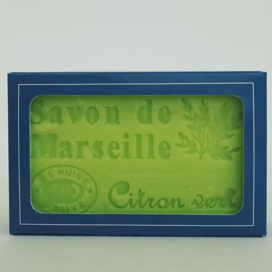 Savon de Marseille à l'huile d'olive bio parfum citron vert dans son étui carton