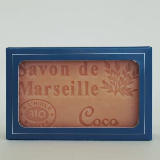 Savon de Marseille à l'huile d'olive bio parfum coco dans son étui carton