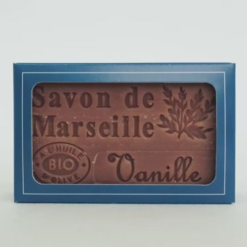 Savon de Marseille à l'huile d'olive bio parfum vanille dans son étui carton